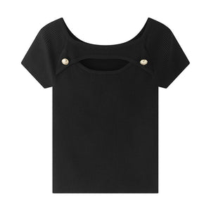 Ice cool silk knitted t-shirt women's summer new short - sleeved Korean version niche design feeling hollow slim - fitting pure desire short top - Negative Apparel