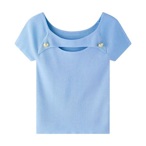 Ice cool silk knitted t-shirt women's summer new short - sleeved Korean version niche design feeling hollow slim - fitting pure desire short top - Negative Apparel