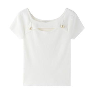 Ice cool silk knitted t-shirt women's summer new short - sleeved Korean version niche design feeling hollow slim - fitting pure desire short top - Negative Apparel