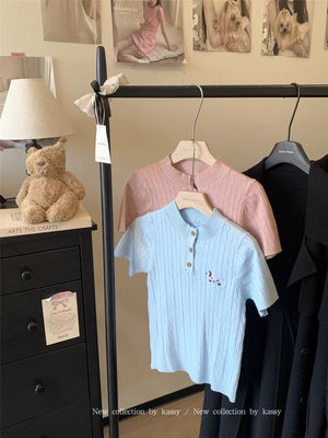 Ice silk dachshund embroidered short - sleeved T-shirt women's clothing is popular this spring versatile and thin twist knitted top - Negative Apparel