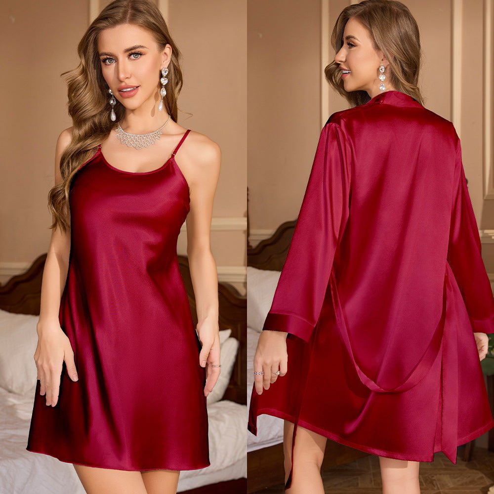 ice silk medium and long nightgown women's spring and summer sexy morning gown party style high - end loungewear 22296 - Negative Apparel
