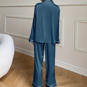 Ice Silk Pajama Set Women's Spring and Autumn Solid Color Long Sleeve Trousers Two - piece Set Thin Set TZ3201 - Negative Apparel