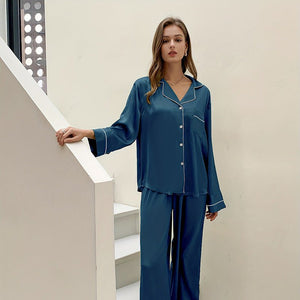 Ice Silk Pajama Set Women's Spring and Autumn Solid Color Long Sleeve Trousers Two - piece Set Thin Set TZ3201 - Negative Apparel