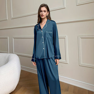 Ice Silk Pajama Set Women's Spring and Autumn Solid Color Long Sleeve Trousers Two - piece Set Thin Set TZ3201 - Negative Apparel