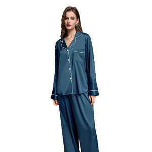 Ice Silk Pajama Set Women's Spring and Autumn Solid Color Long Sleeve Trousers Two - piece Set Thin Set TZ3201 - Negative Apparel