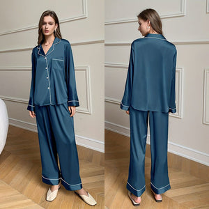 Ice Silk Pajama Set Women's Spring and Autumn Solid Color Long Sleeve Trousers Two - piece Set Thin Set TZ3201 - Negative Apparel