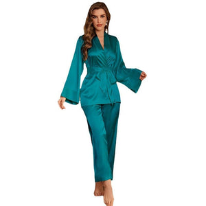 Ice Silk Pajama Set Women's Spring and Summer High - end Solid Color Pajama Pants Loungewear Two - piece Set TZ3380 - Negative Apparel