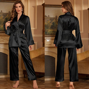 Ice Silk Pajama Set Women's Spring and Summer High - end Solid Color Pajama Pants Loungewear Two - piece Set TZ3380 - Negative Apparel