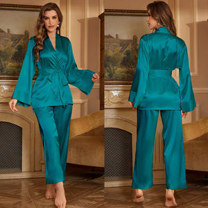 Ice Silk Pajama Set Women's Spring and Summer High - end Solid Color Pajama Pants Loungewear Two - piece Set TZ3380 - Negative Apparel
