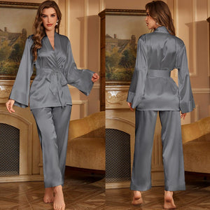 Ice Silk Pajama Set Women's Spring and Summer High - end Solid Color Pajama Pants Loungewear Two - piece Set TZ3380 - Negative Apparel