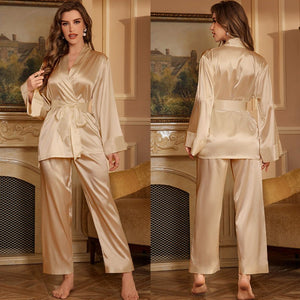 Ice Silk Pajama Set Women's Spring and Summer High - end Solid Color Pajama Pants Loungewear Two - piece Set TZ3380 - Negative Apparel
