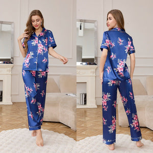 ice silk pajamas women's summer short - sleeved trousers loungewear set high - end printing two - piece set TZ3432 - Negative Apparel