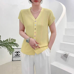 Ice silk quilted beads 2025 summer new knitted sweater short - sleeved cardigan women's color button - up top V - neck thin T-shirt tide - Negative Apparel