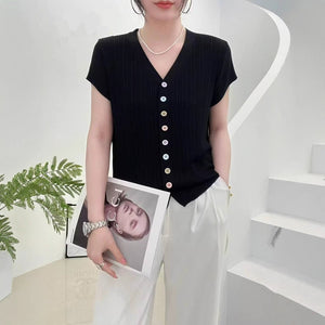 Ice silk quilted beads 2025 summer new knitted sweater short - sleeved cardigan women's color button - up top V - neck thin T-shirt tide - Negative Apparel