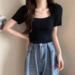 Ice silk shoulder knitted t-shirt women's short - sleeved tight bottoming shirt - Negative Apparel