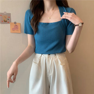 Ice silk shoulder knitted t-shirt women's short - sleeved tight bottoming shirt - Negative Apparel