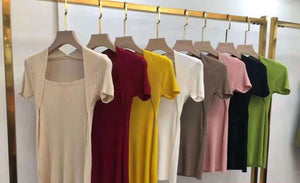 Ice silk shoulder knitted t-shirt women's short - sleeved tight bottoming shirt - Negative Apparel