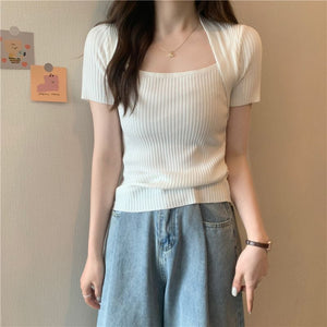 Ice silk shoulder knitted t-shirt women's short - sleeved tight bottoming shirt - Negative Apparel