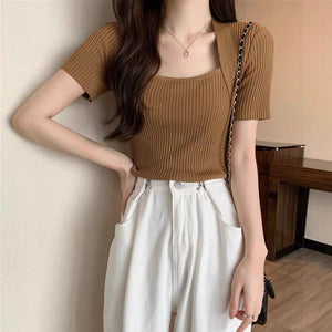 Ice silk shoulder knitted t-shirt women's short - sleeved tight bottoming shirt - Negative Apparel