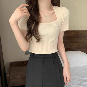 Ice silk shoulder knitted t-shirt women's short - sleeved tight bottoming shirt - Negative Apparel