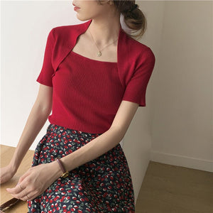 Ice silk shoulder knitted t-shirt women's short - sleeved tight bottoming shirt - Negative Apparel