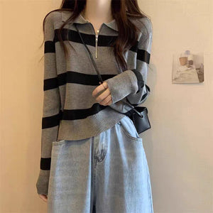 Imitation cotton polo collar zipper black and white striped knitted sweater women's spring and autumn loose sweater outside lapel pullover sweater 100 - Negative Apparel