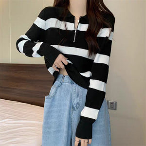Imitation cotton polo collar zipper black and white striped knitted sweater women's spring and autumn loose sweater outside lapel pullover sweater 100 - Negative Apparel