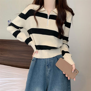 Imitation cotton polo collar zipper black and white striped knitted sweater women's spring and autumn loose sweater outside lapel pullover sweater 100 - Negative Apparel
