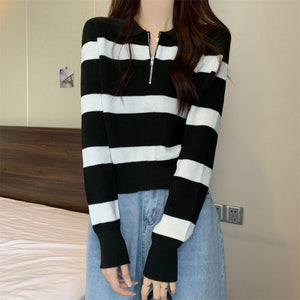 Imitation cotton polo collar zipper black and white striped knitted sweater women's spring and autumn loose sweater outside lapel pullover sweater 100 - Negative Apparel