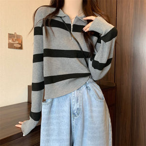 Imitation cotton polo collar zipper black and white striped knitted sweater women's spring and autumn loose sweater outside lapel pullover sweater 100 - Negative Apparel