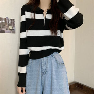 Imitation cotton polo collar zipper black and white striped knitted sweater women's spring and autumn loose sweater outside lapel pullover sweater 100 - Negative Apparel