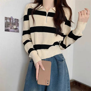 Imitation cotton polo collar zipper black and white striped knitted sweater women's spring and autumn loose sweater outside lapel pullover sweater 100 - Negative Apparel