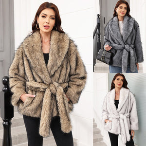 Imitation fur belt belt medium and long jacket fashion trend women's clothing warm thickened plush long - sleeved jacket - Negative Apparel