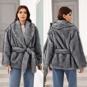 Imitation fur belt belt medium and long jacket fashion trend women's clothing warm thickened plush long - sleeved jacket - Negative Apparel