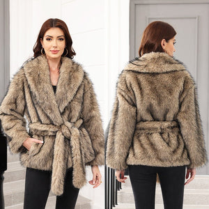 Imitation fur belt belt medium and long jacket fashion trend women's clothing warm thickened plush long - sleeved jacket - Negative Apparel