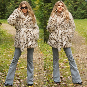 Imitation fur leopard print jacket, suit collar belt medium and long top women - Negative Apparel