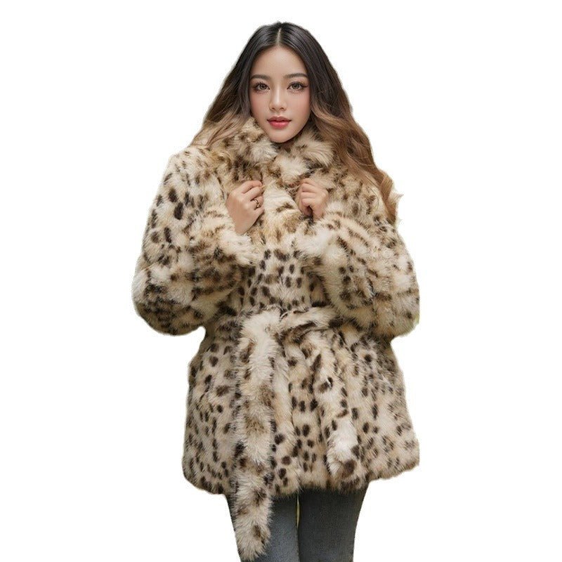 Imitation fur leopard print jacket, suit collar belt medium and long top women - Negative Apparel