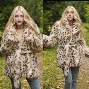 Imitation fur leopard print jacket, suit collar belt medium and long top women - Negative Apparel