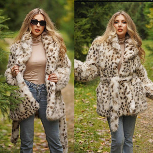 Imitation fur leopard print jacket, suit collar belt medium and long top women - Negative Apparel