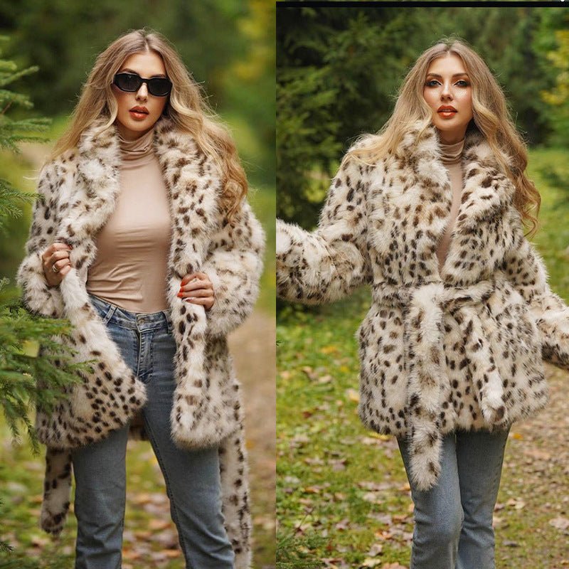 Imitation fur leopard print jacket, suit collar belt medium and long top women - Negative Apparel