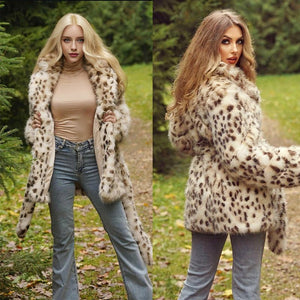 Imitation fur leopard print jacket, suit collar belt medium and long top women - Negative Apparel