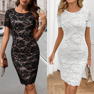 independent station summer 2025 new women's crew neck lace fashion short - sleeved dress - Negative Apparel