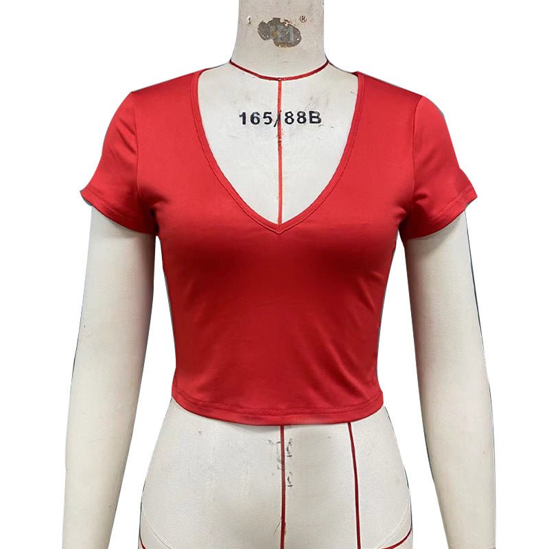 independent station tight women's clothing 2025 summer an and n style elastic V - neck T-shirt short - sleeved top BJ2548 - Negative Apparel