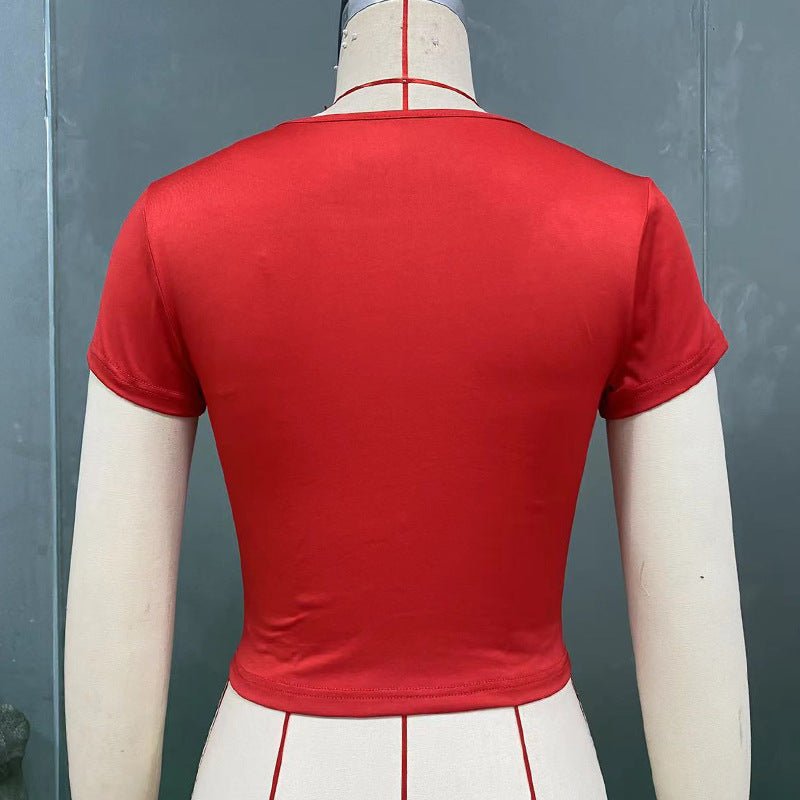 independent station tight women's clothing 2025 summer an and n style elastic V - neck T-shirt short - sleeved top BJ2548 - Negative Apparel