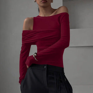 Irregular oblique shoulder pleated slim T-shirt top - Negative Apparel