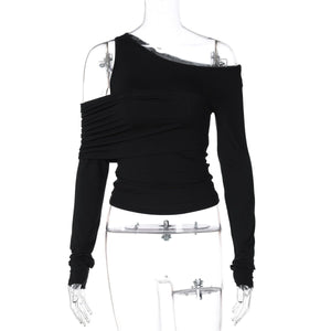 Irregular oblique shoulder pleated slim T-shirt top - Negative Apparel