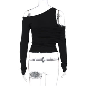 Irregular oblique shoulder pleated slim T-shirt top - Negative Apparel