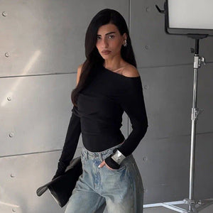 Irregular oblique shoulder pleated slim T-shirt top - Negative Apparel