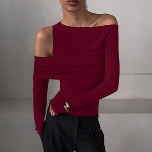 Irregular oblique shoulder pleated slim T-shirt top - Negative Apparel