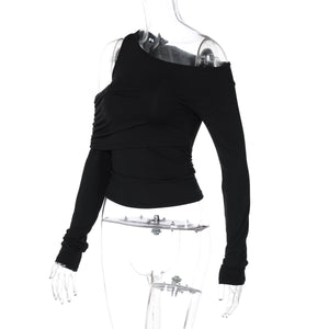 Irregular oblique shoulder pleated slim T-shirt top - Negative Apparel